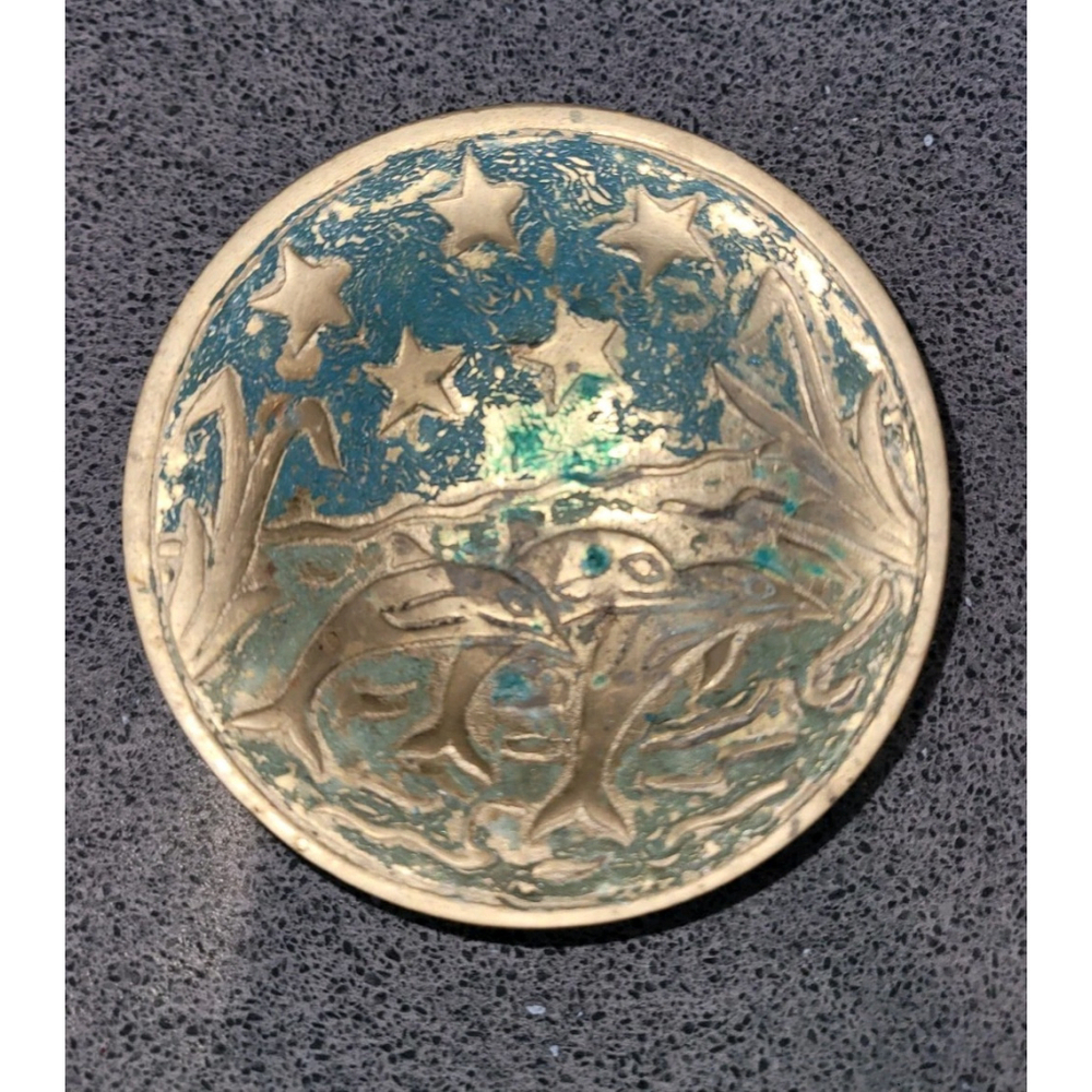 Brass Dolphin Dish Vintage Starry Night Trinket Catchall